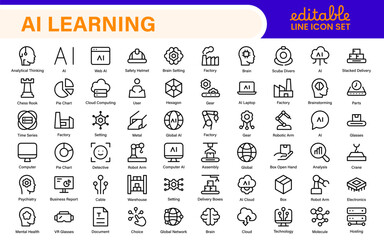 Artificial Intelligence Machine Learning Icons - AI, Neural Network, Deep Learning, Data Science, Algorithm - Vector, Outline, Line, Illustration, Minimal