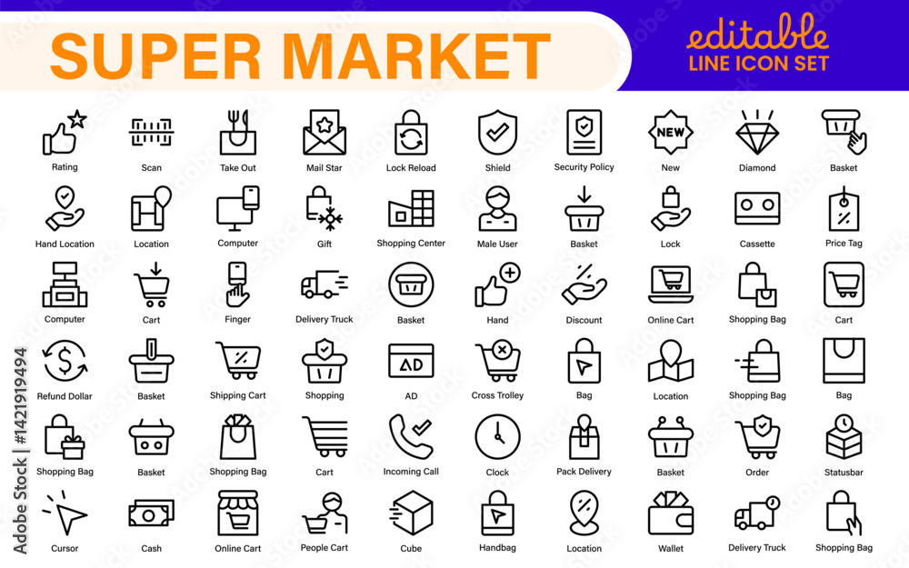 Poster set of shopping cart icons. collection of web icons for online store, from various cart icons in var