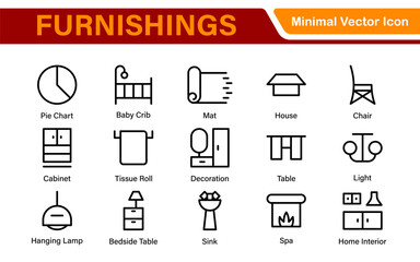 Furniture and home interior elements - thin line web icon set. Outline icons of kitchen, living room, bedroom and office collection.