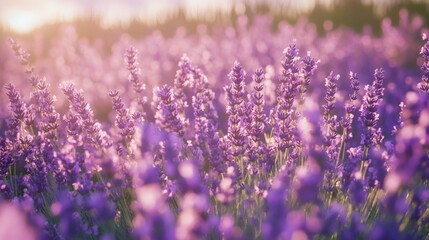 Obraz premium Lavender field sunset, nature tranquility, summer, floral background, postcard