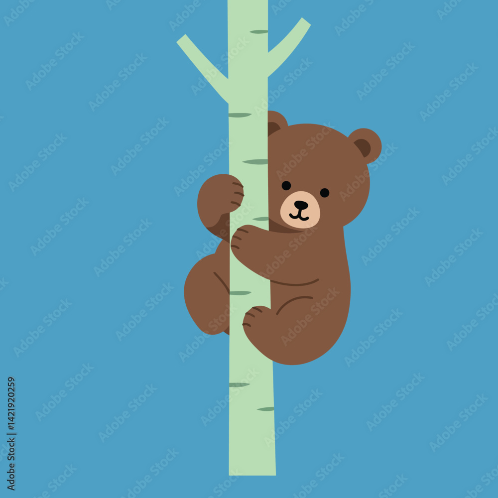 Poster brown bear cub hugging light green tree trunk on blue background in simple flat style vector illustr