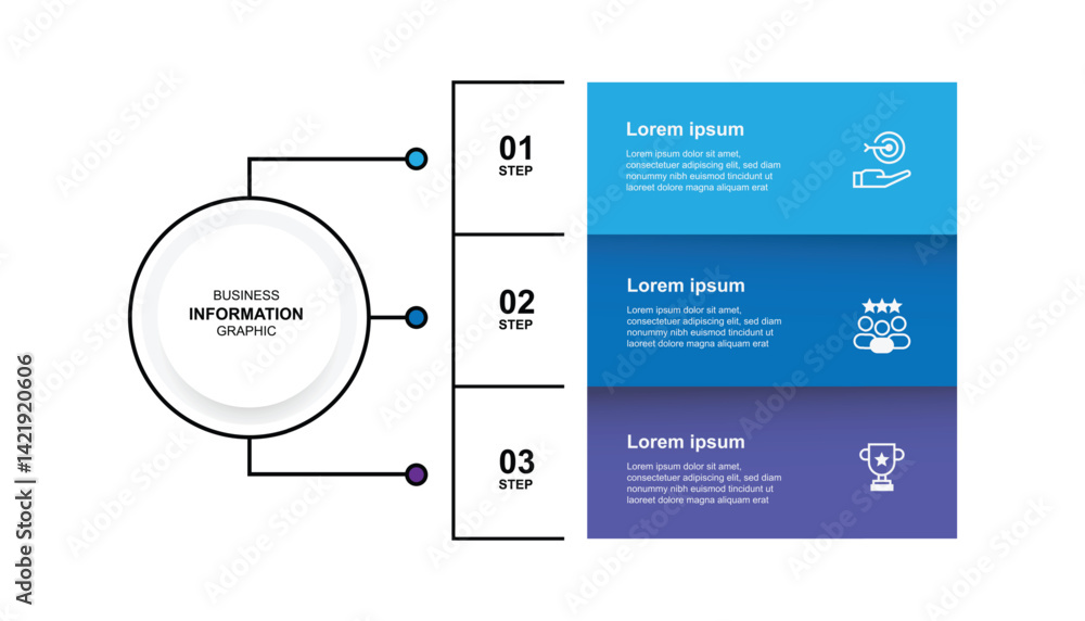 Aufkleber 3 step infographic template. Graphic diagram form with columns and connected lines. Design graphic business suitable for presentation, data visualization, workflow or worksheet