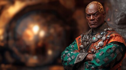 Regal character in ornate attire poses confidently in a mystical, blurred background setting