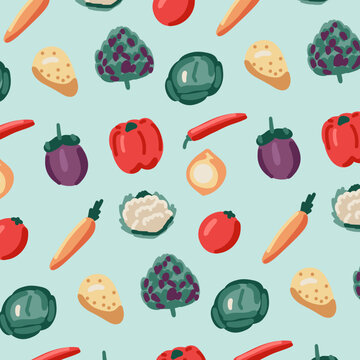 Seamless Illustrated Vegetables. Seamless Pattern on Pastel Background. 