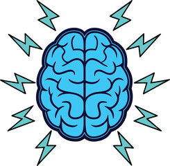 A high resolution vector illustration of a human brain, rendered in a vibrant blue with glowing highlights emphasizing its intricate folds and structure