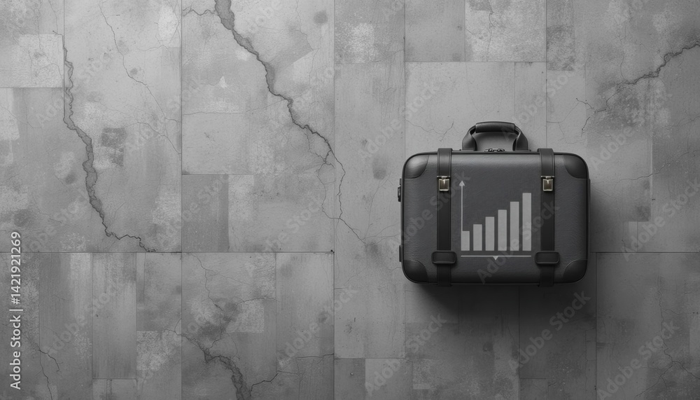 Poster business growth strategies analyzing data trends with a graphical briefcase on a grey background