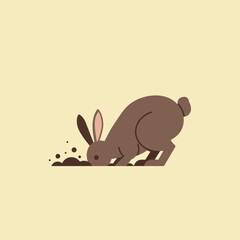 Fototapeta premium Brown rabbit digging a hole in soft soil with beige background simple illustration in square format 