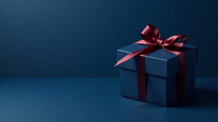 Obraz premium A Dark Blue Gift Box with a Burgundy Ribbon, Elegantly Presented on a Matching Surface