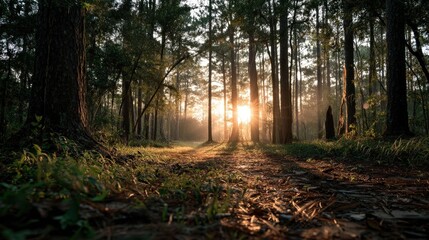 Obraz premium Captivating sunrise through forest nature scene realistic photography serene environment ground-level view natural beauty