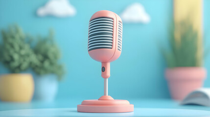 Pink Retro Microphone on Pastel Blue Desk