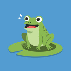 Fototapeta premium Green frog sitting on lily pad with blue background cartoon illustration cheerful amphibian character 