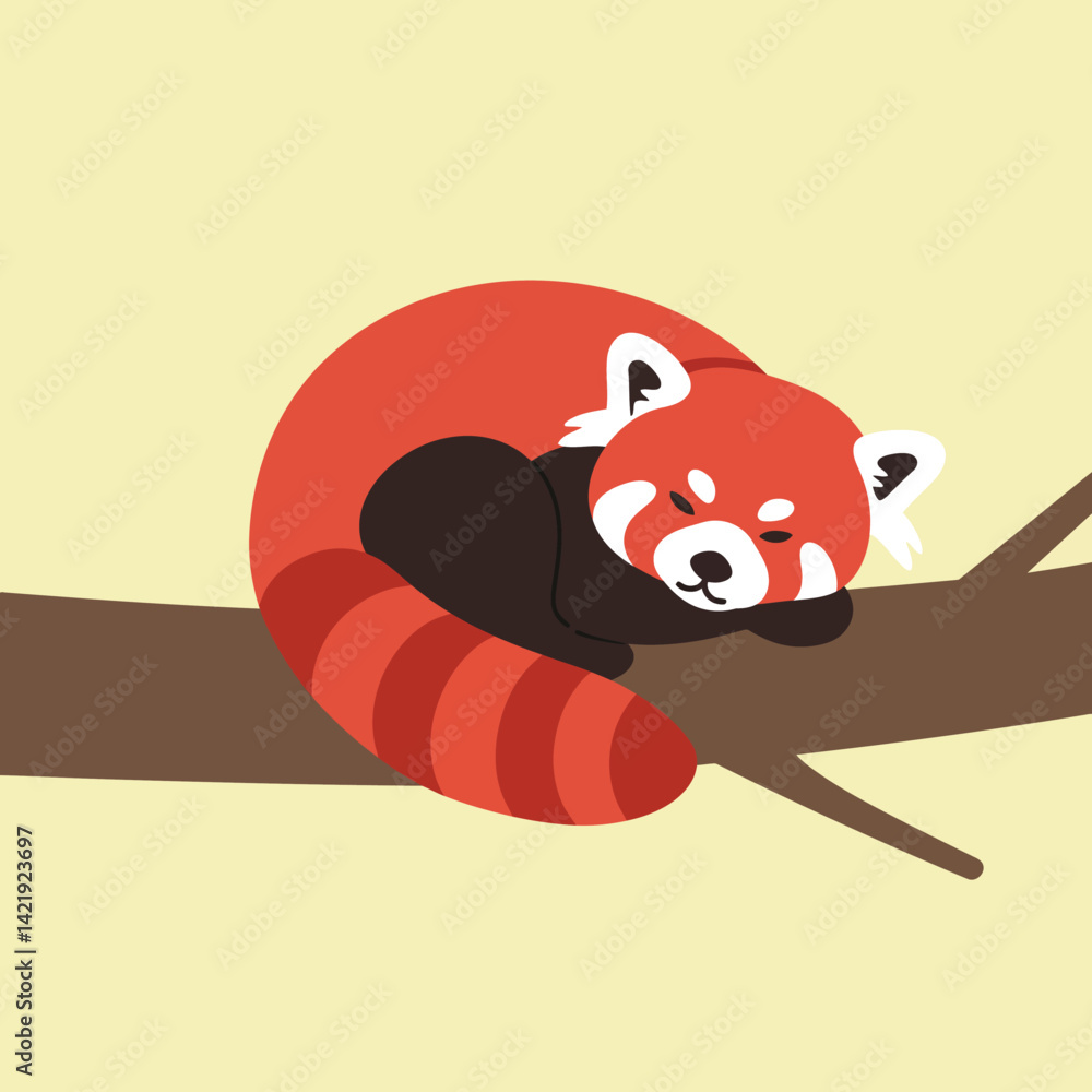 Poster red panda resting on tree branch with beige background in simple flat design illustration
