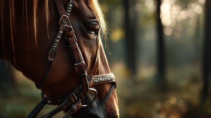 Obraz premium Majestic horse portrait serene forest photograph natural light close-up beaded bridle