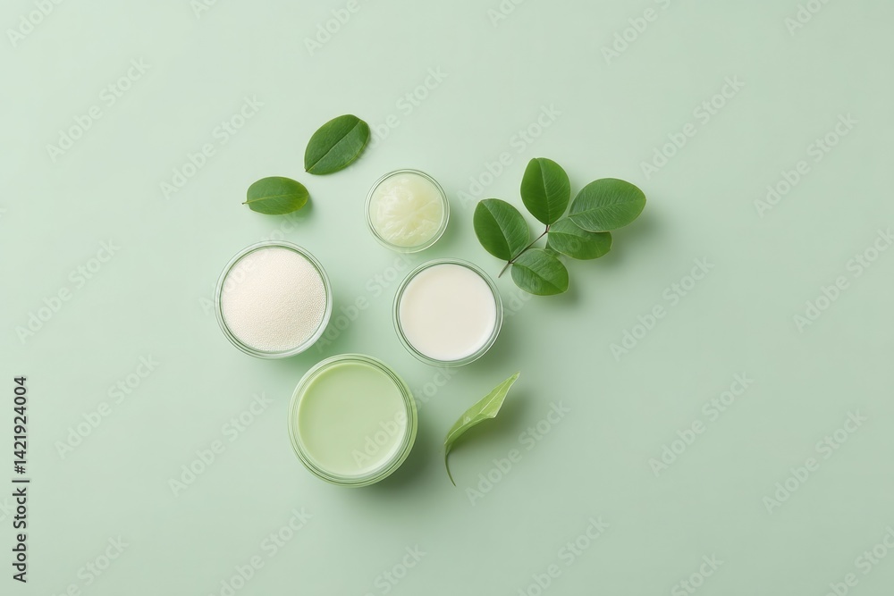 Poster minimalistic top-down shot of non-gmo products on clean solid color background