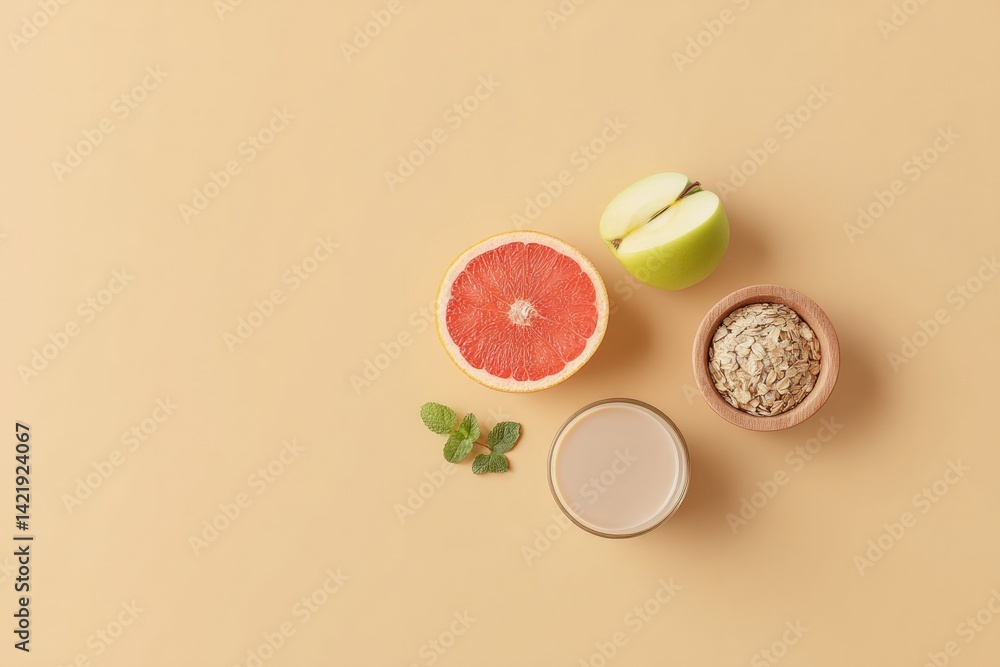 Poster minimalistic top-down shot of non-gmo products on clean solid color background