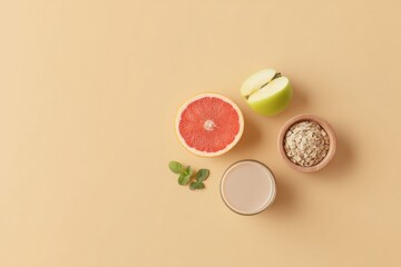 minimalistic top-down shot of non-gmo products on clean solid color background