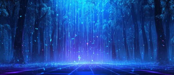 Futuristic cybernetic forest with luminous data streams depicting digital flow and technology