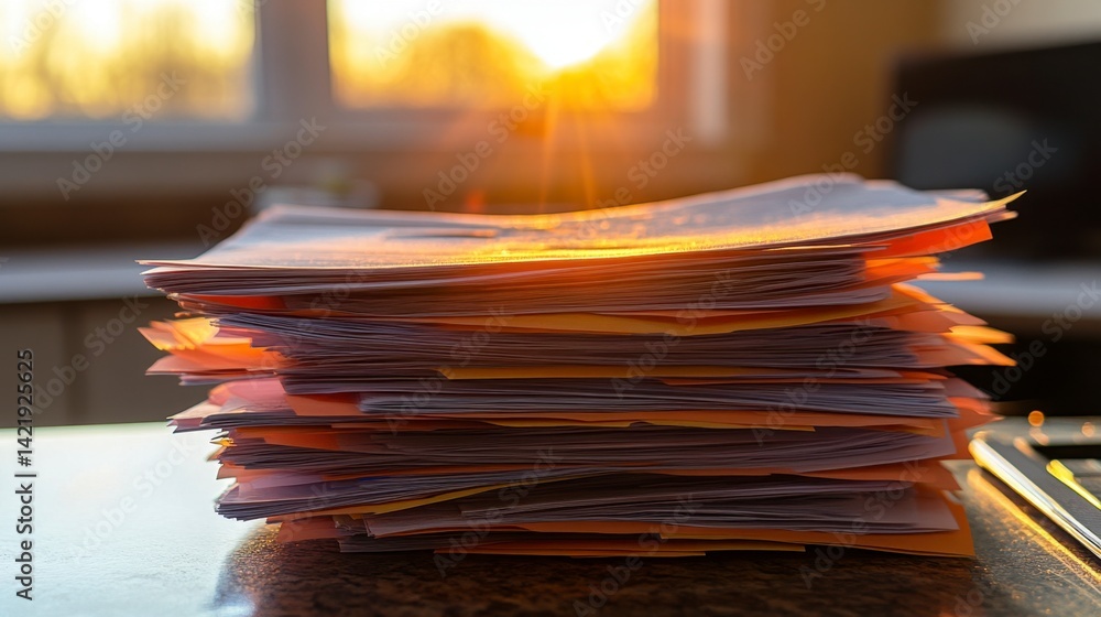 Poster high stack of papers illuminated by warm sunset light on a dark surface, creating a dramatic and sli