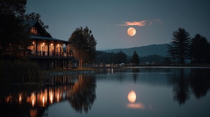 Obraz premium Full moon rising over summer lake nature scene atmospheric view tranquil setting