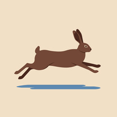 Obraz premium Brown rabbit leaping over blue shadow on beige background in simple minimalist style digital illustration