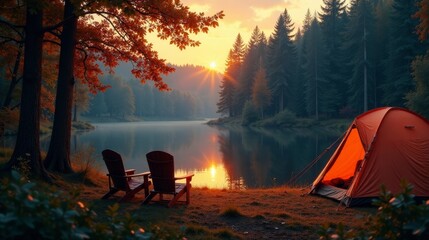 Serene autumn sunrise at lakeside campsite with two Adirondack chairs and a tent