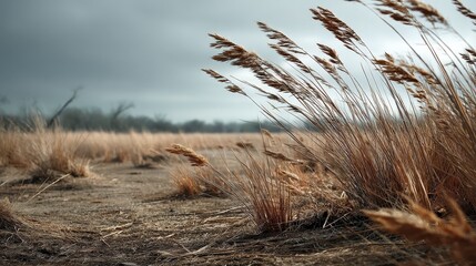 Wind blowing across tall grass open field realistic photograph natural environment low angle nature's movement