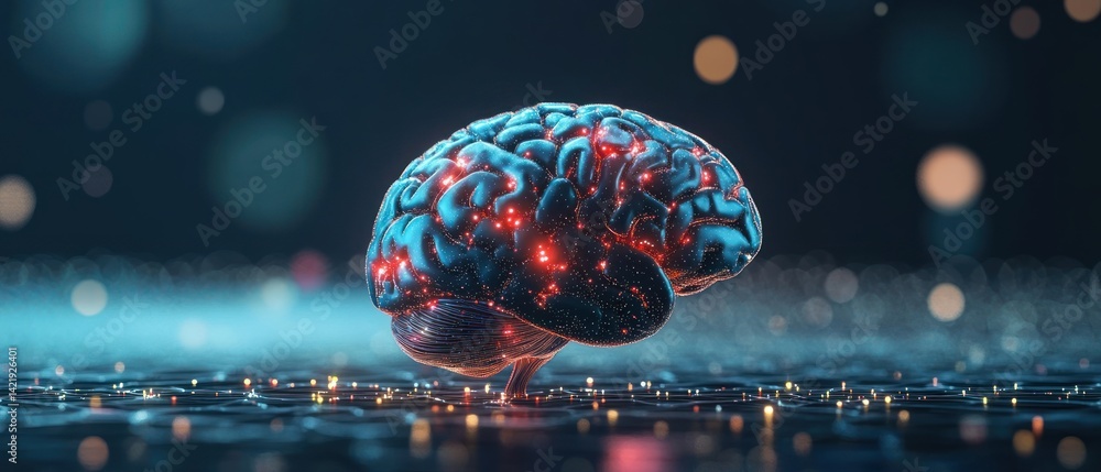 Poster the illuminated mind: a 3d render of the human brain with glowing neural pathways