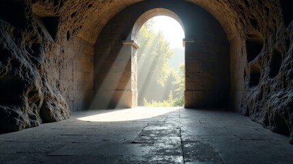 Fototapeta premium Sunbeams Illuminate Ancient Stone Archway Entrance to Serene Woodland