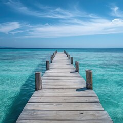 Serene wooden pier stretching into a crystal-clear turquoise sea under a bright blue sky