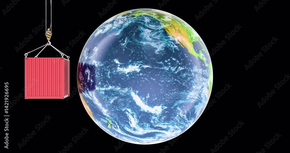 Poster earth globe with cargo container on the hook. animation, seamlessly loopable. global cargo shipping,