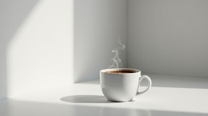Obraz premium Aromatic Steam Rising from a Warm Mug of Coffee in Soft Sunlight on a White Surface