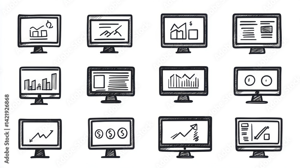 Poster collection of twelve hand drawn computer screen icons displaying various graphs, charts, and data vi