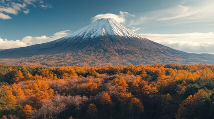 Fototapeta premium Wide shot of a snowy mountain peak surrounded by fall-colored trees, dramatic contrast of seasons, 