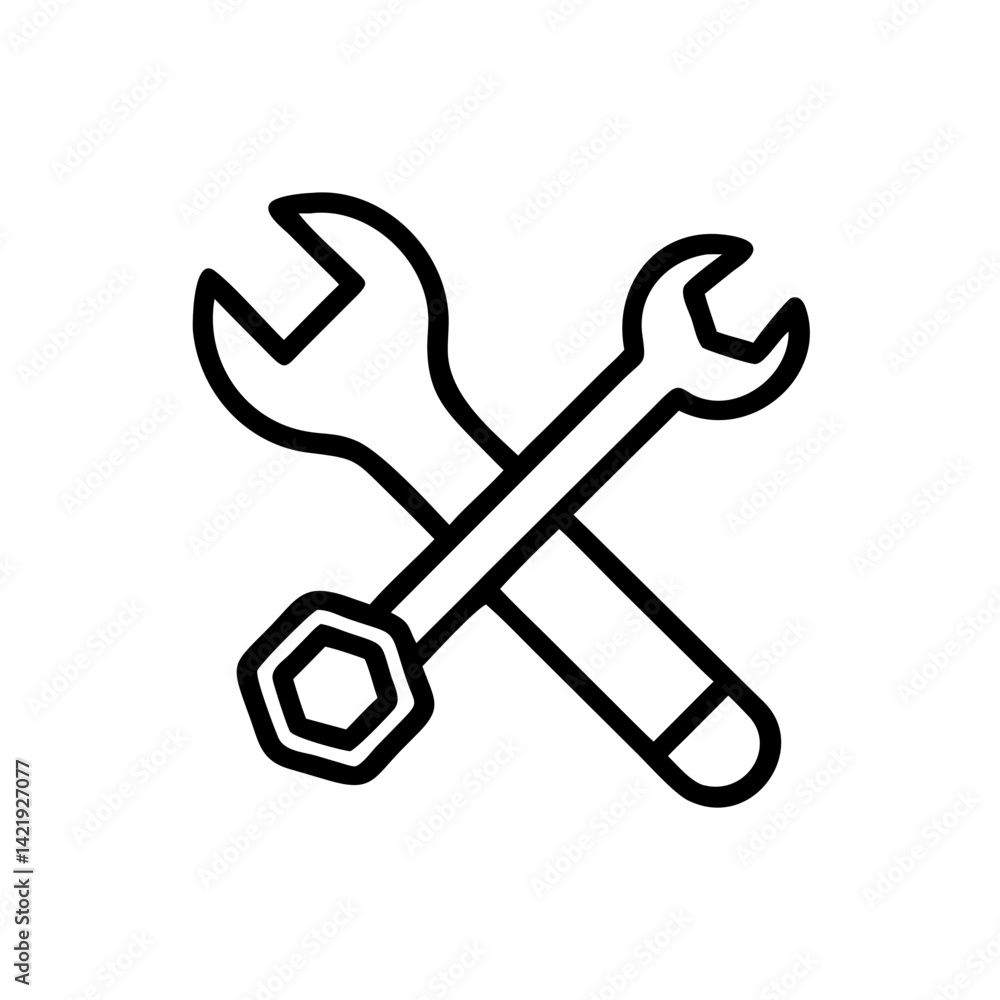 Poster two crossed wrenches with open ends and a hexagonal end in a simple black outline design tool theme
