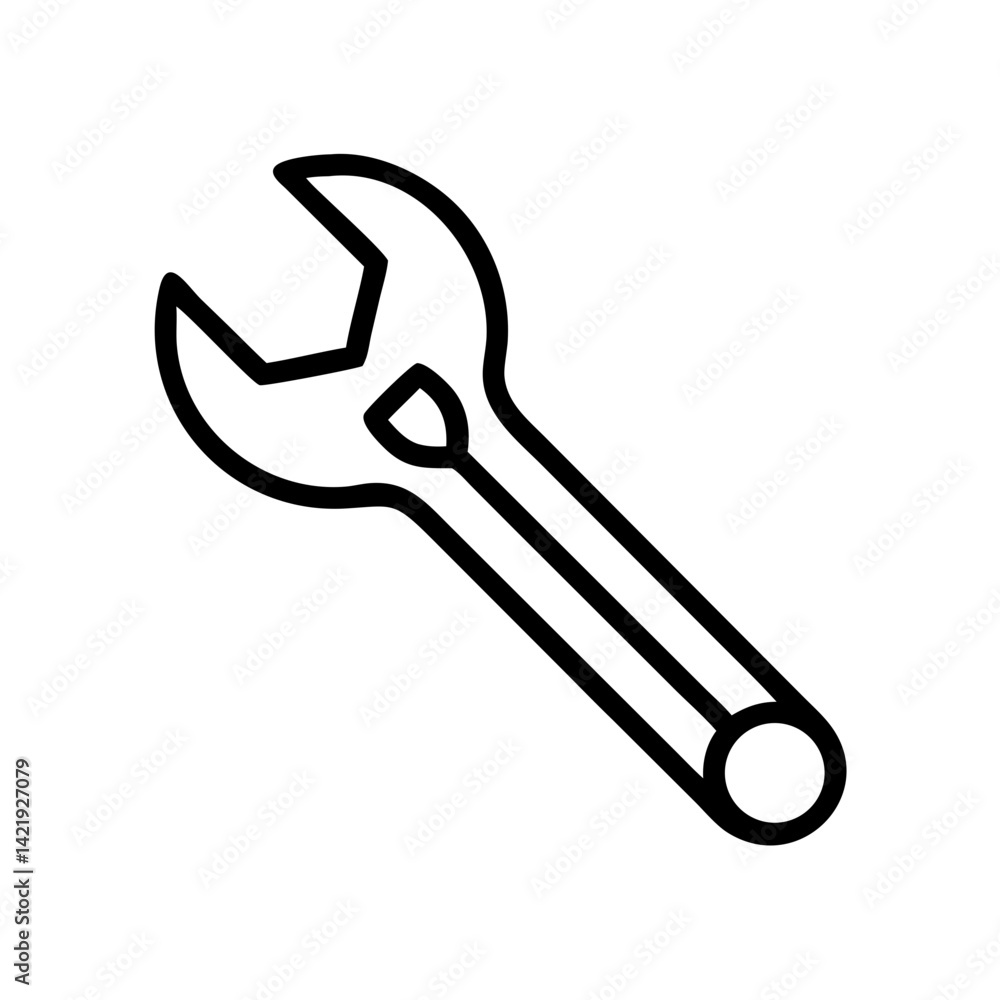 Poster illustration of a simple open end wrench tool with a black outline on a white background design styl