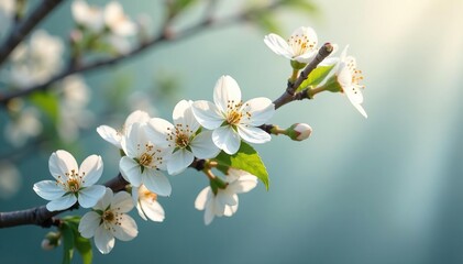 Obraz premium Delicate white blossoms on branch, soft light , fresh, peace, macro