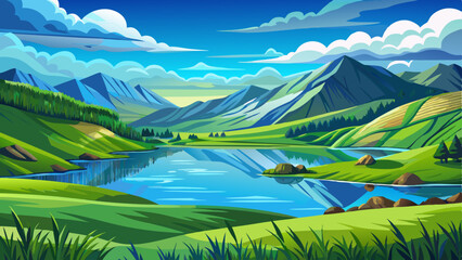 Amazing summer illustration landscape with field green hills, lake and forest. Vector in trendy flat simple style. banner, greeting card or poster, blue sky and clouds