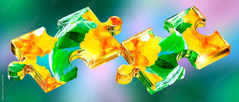 Poster puzzle pieces creating a green globe nature scene graphic design abstract environment close-up viewp