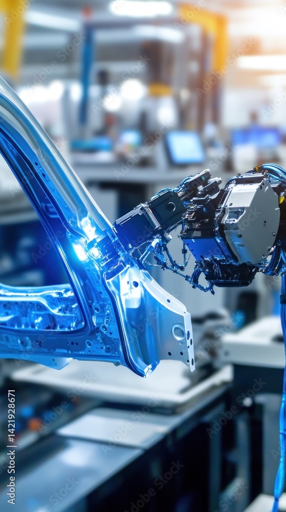 Poster robotic arm assembling car part in factory