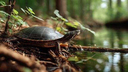 Obraz premium Resting turtle by the stream nature scene wildlife photography serene environment close-up perspective painted turtle relaxation