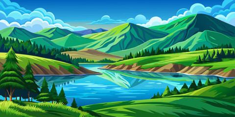 Amazing summer illustration landscape with field green hills, lake and forest. Vector in trendy flat simple style. banner, greeting card or poster, blue sky and clouds