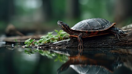Resting painted turtle natural habitat realistic photograph calm water eye-level view wildlife observation