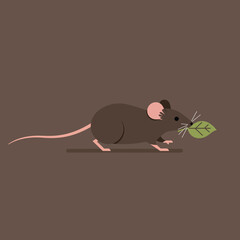 Small brown mouse carrying green leaf in mouth on dark background simple vector illustration 