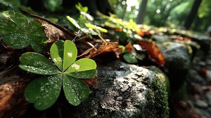 Dew-kissed clover on forest floor