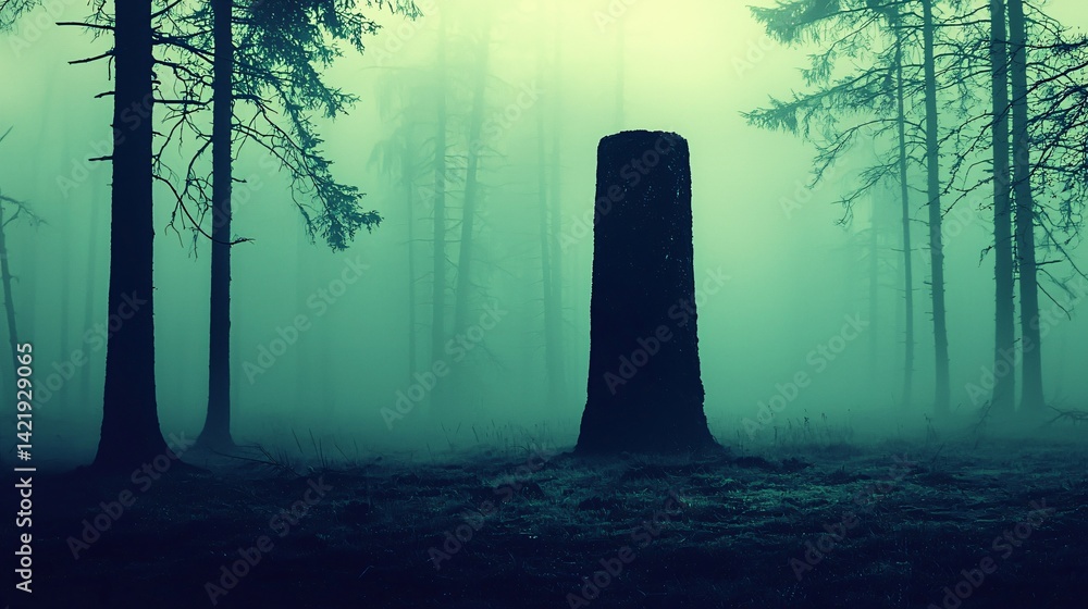Poster enigmatic forest scene with tall trees shrouded in mysterious fog creating a dreamlike and surreal a