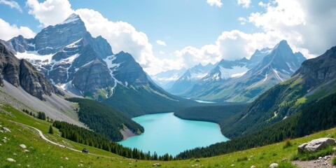 Fototapeta premium Serene Alpine Lake Nestled Amongst Majestic Peaks and Verdant Slopes, a Breathtaking Panorama of Natural Beauty