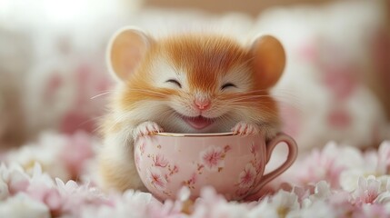 Obraz premium Happy mouse sitting in a pink teacup surrounded by flowers.