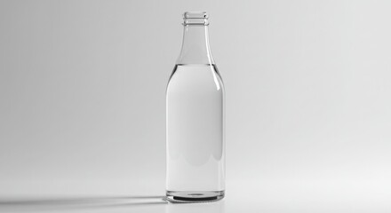 A clear glass bottle filled with pure water set against a pristine white background in a minimalist modern studio shot