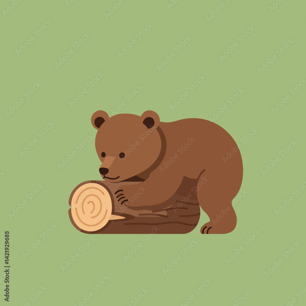 Poster brown bear cub playing with tree log on green background in simple vector style illustration