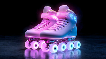 Illuminated Pink And Blue Roller Skates On Dark Reflective Surface